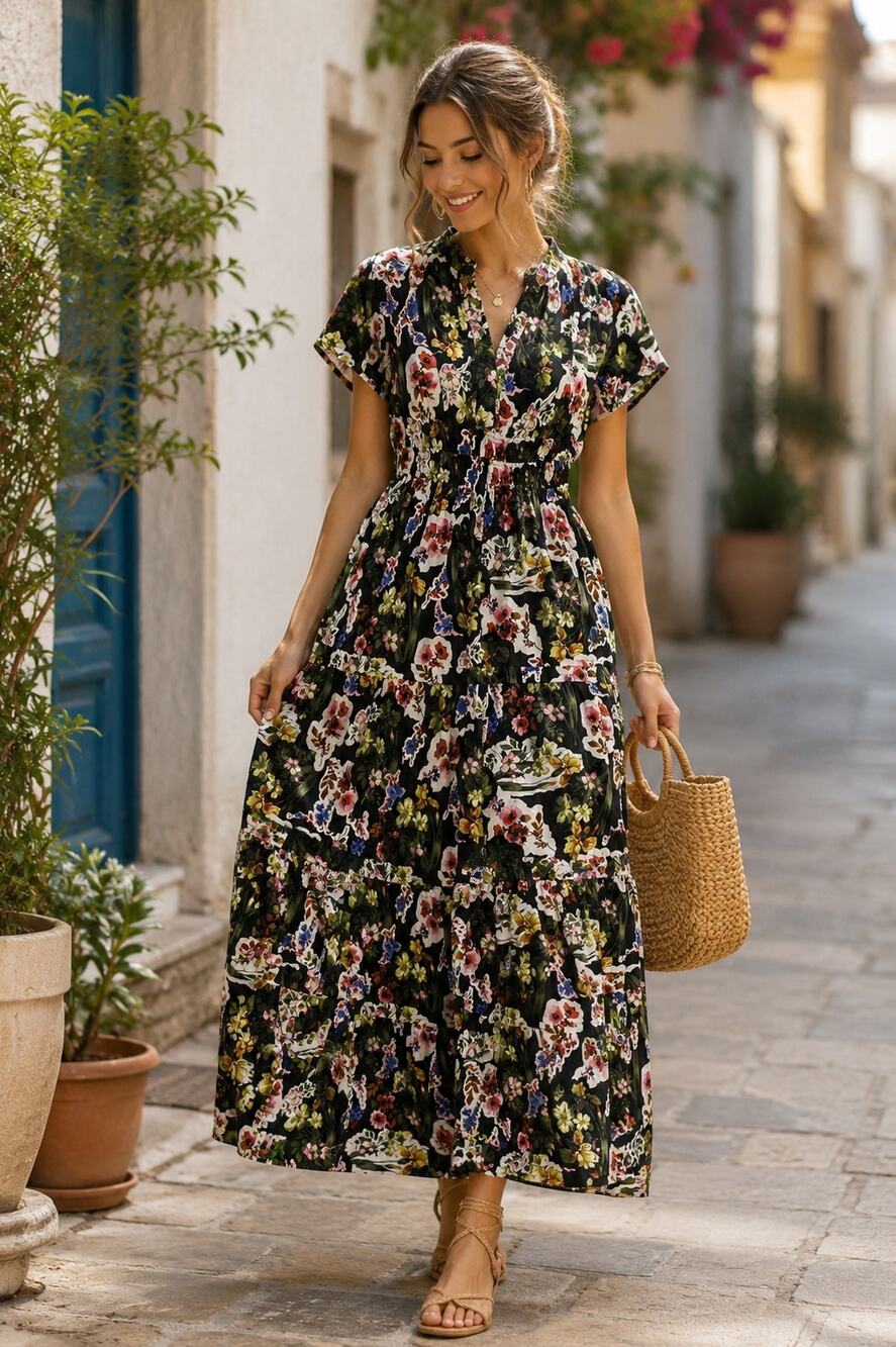 Anthropologie The Somerset Maxi Dress Tiered Smocked XS Dark Gray Pink Purple